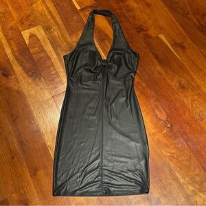 Black Faux Leather Halter Neck Dress